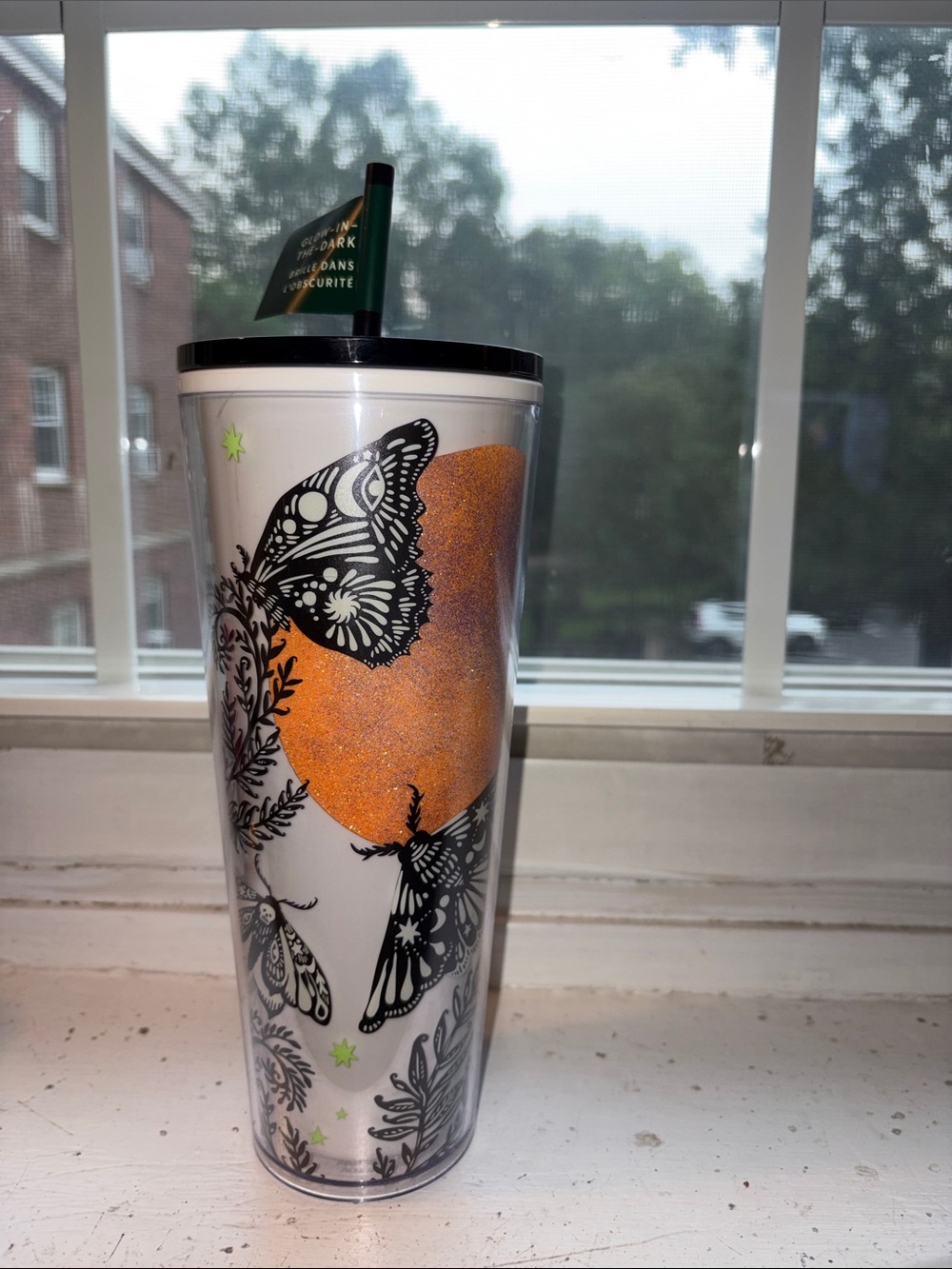 Starbucks White Tumbler with Black Butterfly and Orange Accent